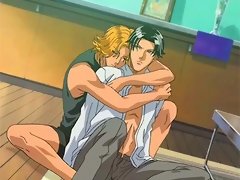Anime gay lovers touching cocks and kissing on the floor